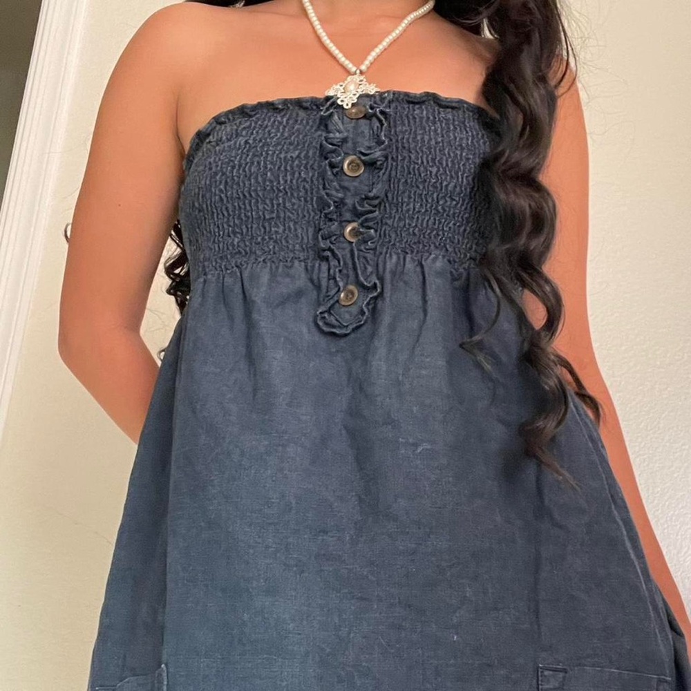 Vintage Y2K Strapless Navy Smocked Dress Size Medium